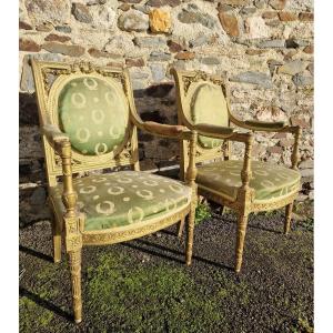 Pair Of Reine St. Armchairs By Georges Jacob In Re-gilded Wood Versailles