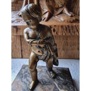 Statuette Of Child Or Putto Fisherman In Bronze 18th