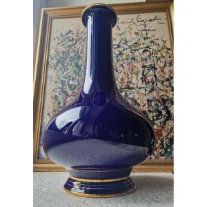 Vase En Porcelaine Bleu Cobalt De La Manufacture Nationale De Sèvres  Daté 1913 Forme Bouteille