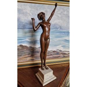 Bronze Statue Of Naked Woman "the Awakening" By Paul Philippe Art Deco Large Model