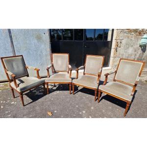 Series Of 4 Small Louis XVI Armchairs In Walnut Stamped Roulet Style 18th