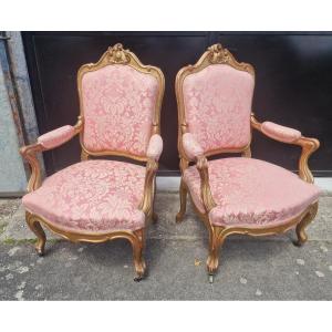 Pair Of Large Armchairs In Napoleon Gilded Stuccoed Wood 3 Flat Backs
