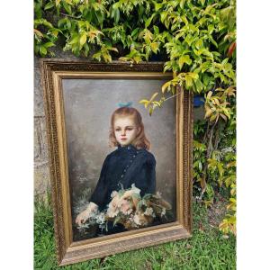 Large Portrait Painting Young Girl With Basket Of Flowers Sailor Dress Attributed To The Desliens Sisters