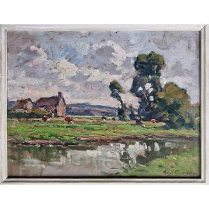 Painting Cows In Fields And Pond In Normandy By André Prévot Valérie Granville La Manche