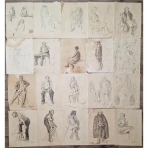 Lot Of 20 Studies Drawings In Pencil Paper By Pauline Watel Laval #1 Fond d'Atelier