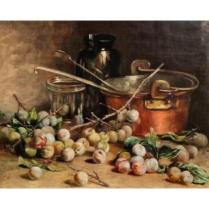 Painting Plums And Jam Basin In Copper Still Life Attr Alfred Arthur Brunel Neuville