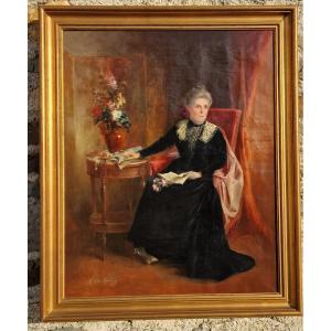 Painting Portrait Notable Bourgeois Woman Around 1900 Gueridon Cécile Marie Desliens Sisters.