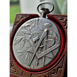 Freemason Pocket Watch Swiss Made Compass Square Silver Metal