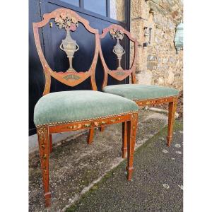 Pair Of Hepplewhite Style George England Polychrome Painted Lemonwood Chairs