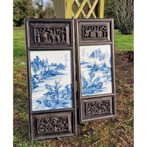 Pair Of Chinese Wooden Panels And Porcelain Plaque White Blue Asian Art