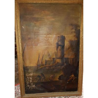 Painting 18th Port Scene With Fishermen And Sailboats Lacroix De Marseille