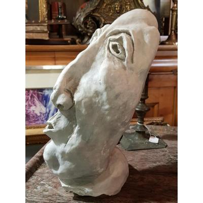 Strange Sculpture In Plaster Signed Alex And Dated 70 Man With Suffering Face