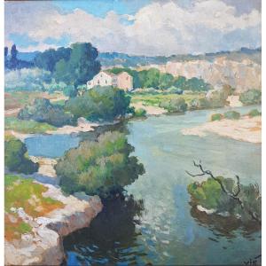 Painting Le Gard In Collias By Gabriel Vié Around 1950 Occitanie