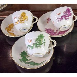 Set Of 3 Cups And Saucer Model Ming Meissen Dragon Pink Yellow And Green