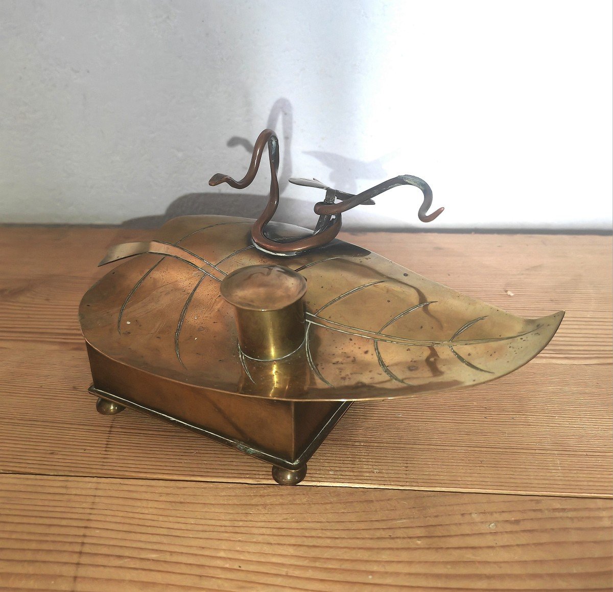 Amazing Inkwell, Wwi Folk Art, Copper, Leaf And Snake-photo-2