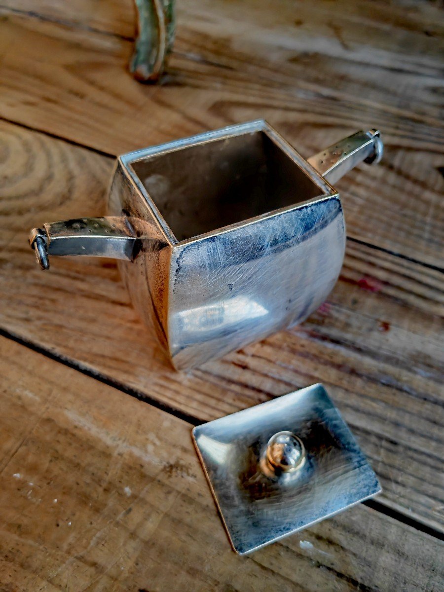Modernist Coffee Service, Victor Saglier, Art & Craft, 3 Pieces Silvered & Gilt Metal-photo-3