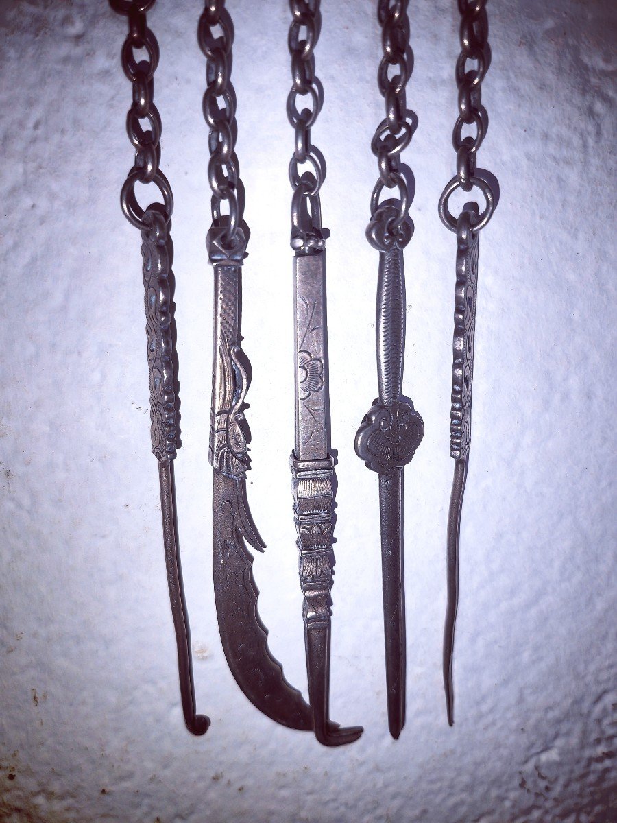 Rare, Silver Opium Chatelaine, 5 Tools, Chinese-vietnamese 19th Century, Antique Swords-photo-4