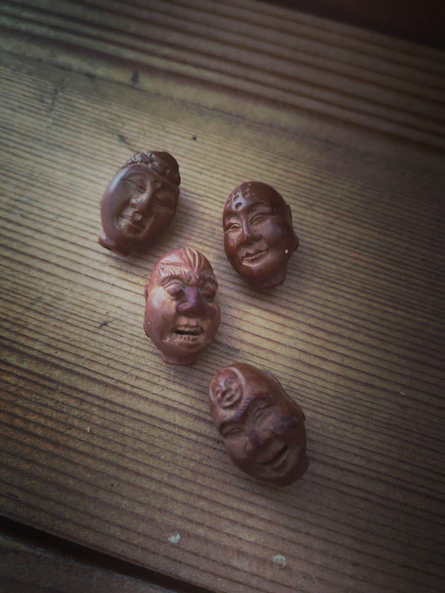 5 Grains De Chapelet, 1 Memento Mori Os XVIIIe, 4 Noix Sculptées Personnages Chinois XIXe -photo-2