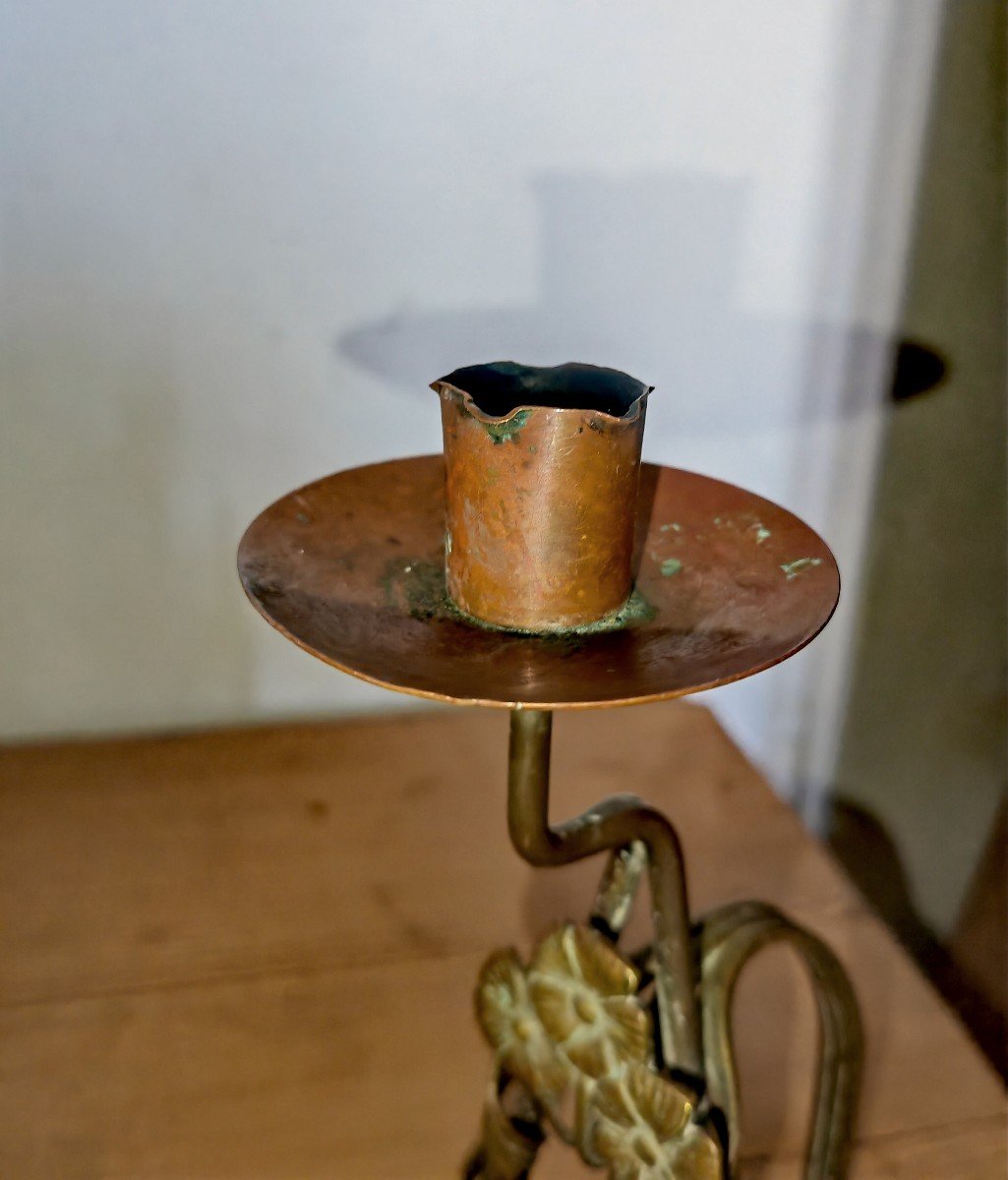 Art & Craft, Red Copper, Yellow Copper, Art Nouveau Floral Candle Holder, Circa 1915, Pansies-photo-3