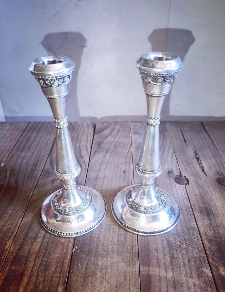 Pair Of Silver Sterling Candlesticks, Zadok 925, Israel 20th Century-photo-2