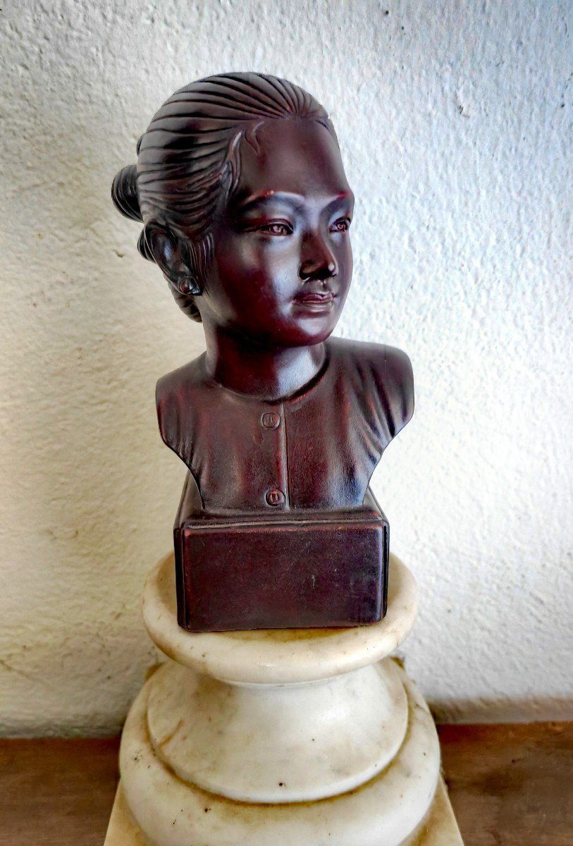 Bust Of A Young Girl, Patinated Terracotta, Vietnam 20th Century, Saigon School