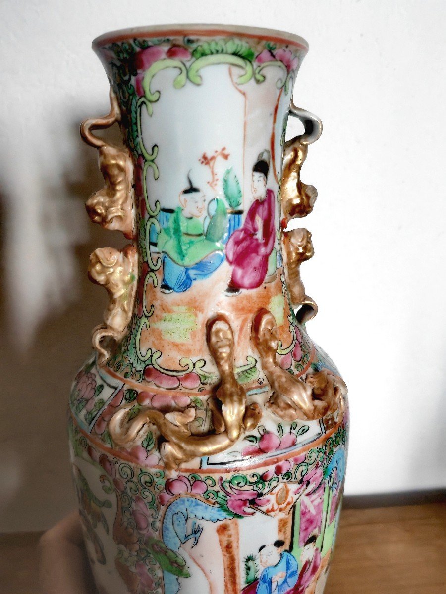 Vase En Porcelaine De Chine, Famille Rose Et Or, Canton XIXe Siècle, Scènes De Palais -photo-2