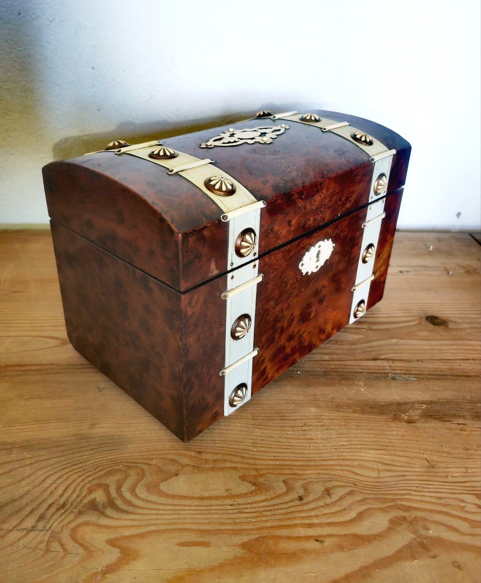 Tea Caddy, Wooden Box, Burrl Wood And Applications, Double Tea Box, 19th Century -photo-2