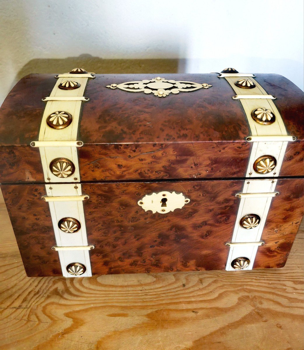 Tea Caddy, Wooden Box, Burrl Wood And Applications, Double Tea Box, 19th Century -photo-1