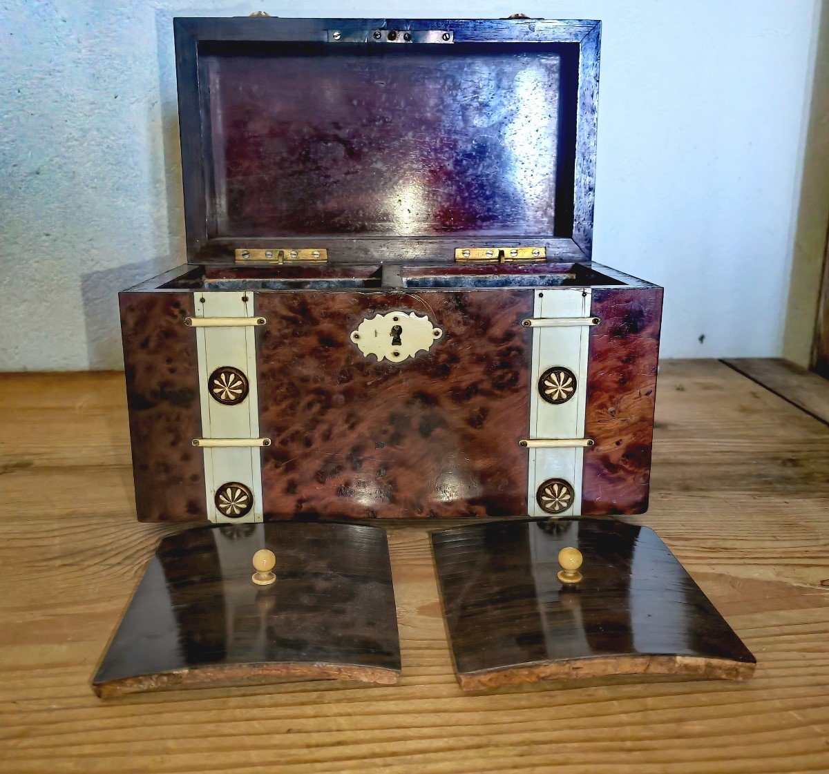 Tea Caddy, Wooden Box, Burrl Wood And Applications, Double Tea Box, 19th Century -photo-3