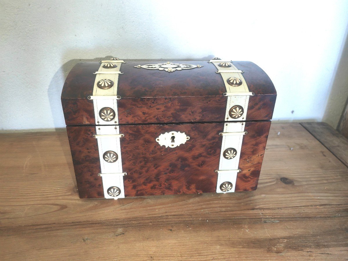 Tea Caddy, Wooden Box, Burrl Wood And Applications, Double Tea Box, 19th Century 