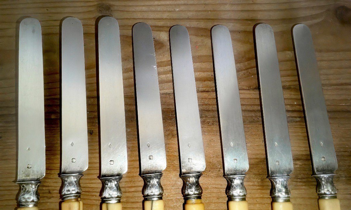 8 Dessert Or Fruit Knives, Silver Sterling Blades & Ferrules, Minerva Hallmark 19th Century -photo-3