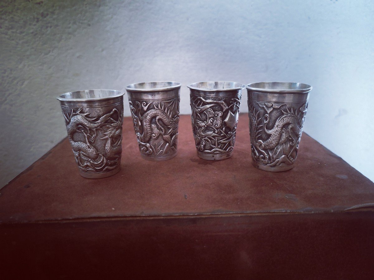 4 Alcohol Cups, Sterling Silver, Vietnam 19th Century, Dragon & Coat Of Arms 