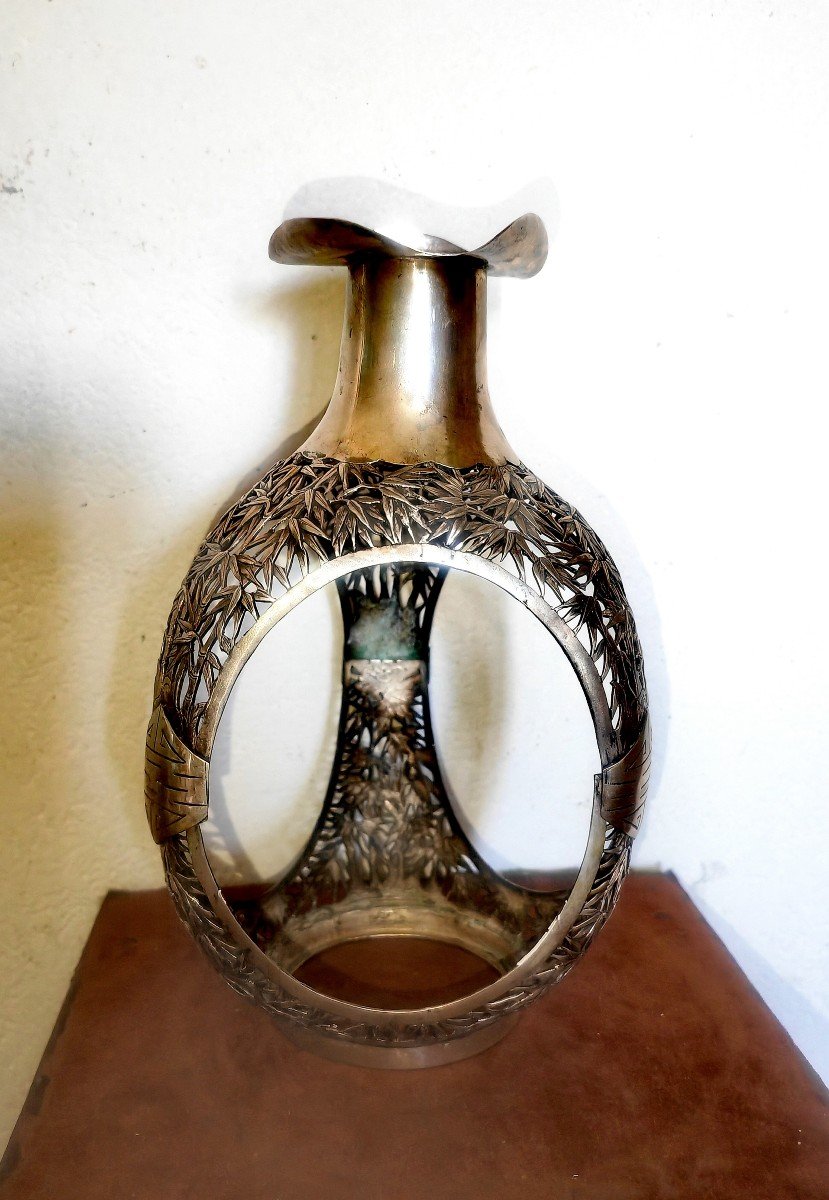 Interesting Silver Frame In 2 Parts, Whiskey Flask, Vietnam Early 20th Century, Bamboo -photo-2