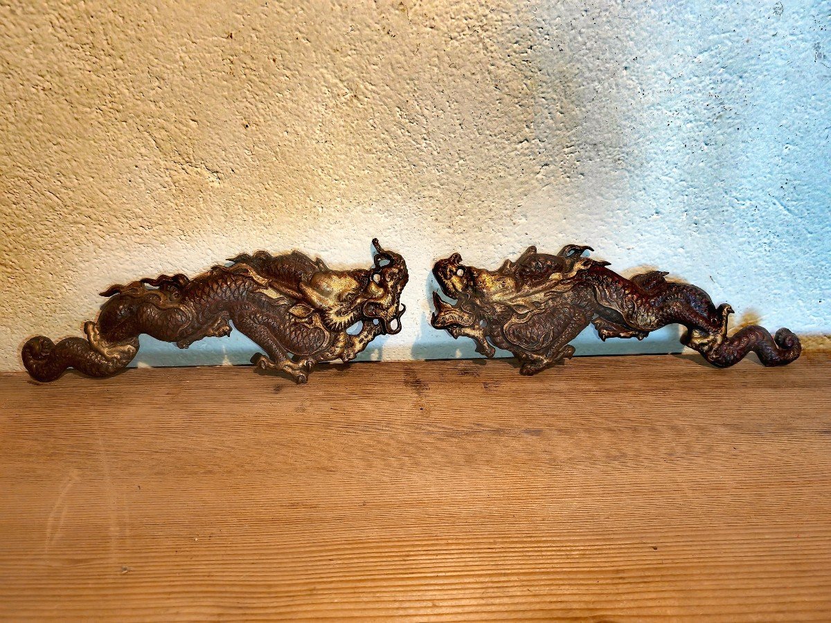 Belle Paire De Décorations d'Ameublement, Bronze Patiné Et Doré, Dragons XIXe 