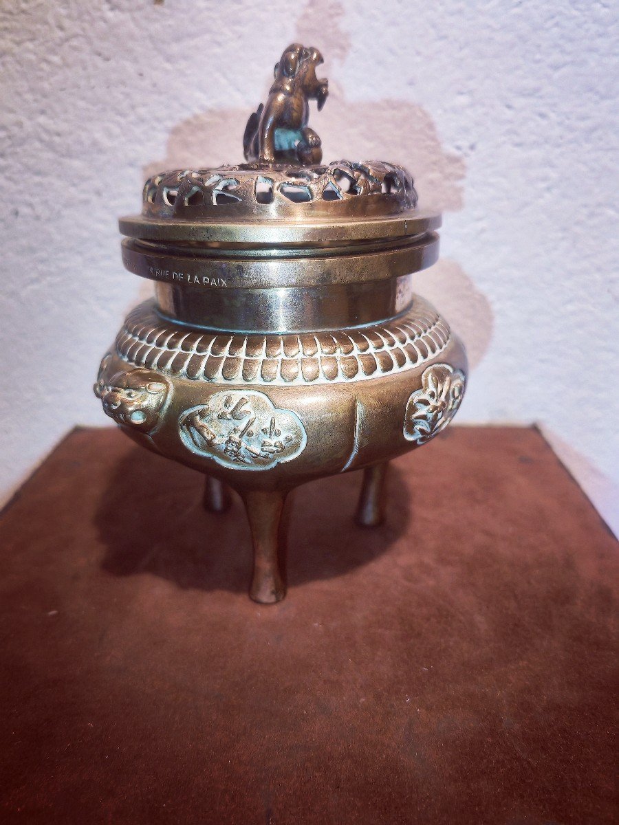 Beautiful Inkwell, Trompe l'Oeil Japanese Incense Burner, Maison Marnyhac, 19th Century Bronze -photo-3