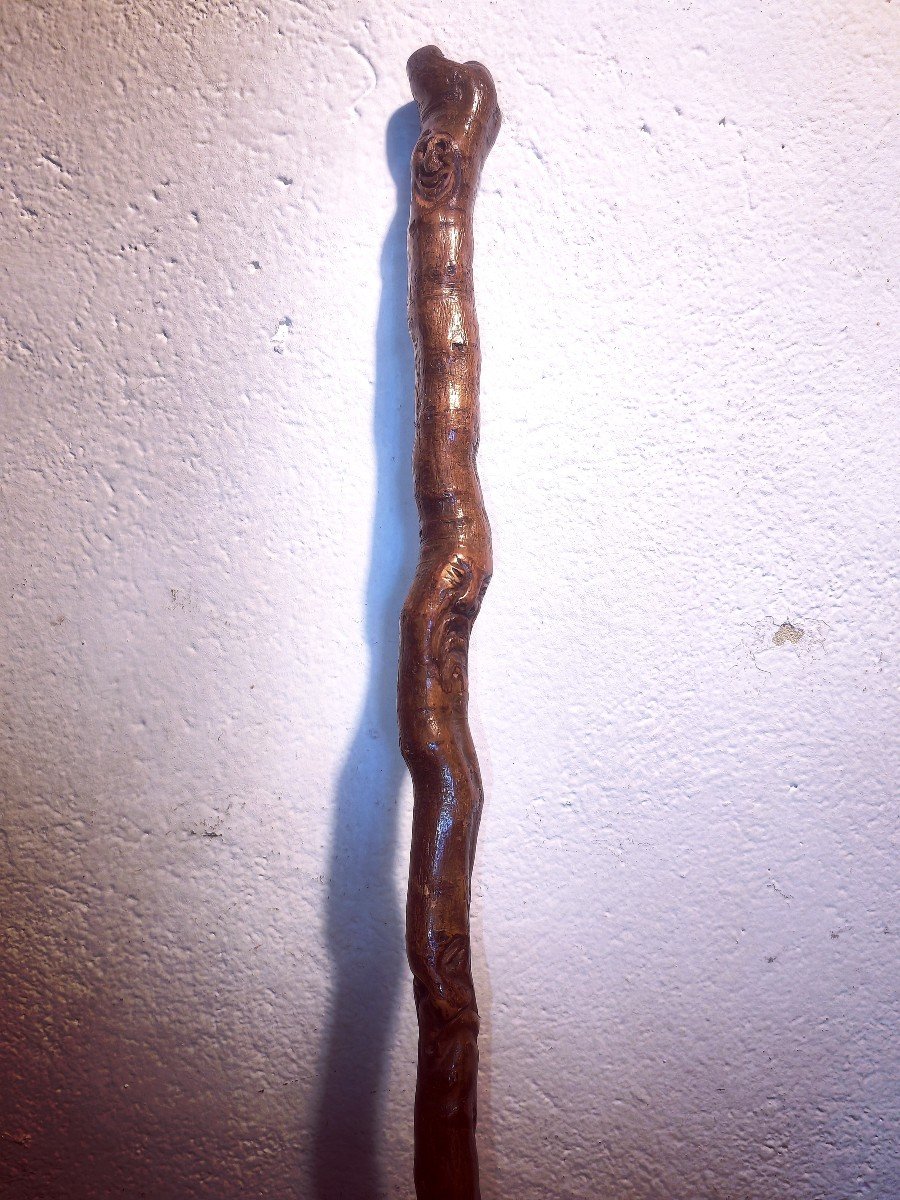 Pretty Carved Wooden Stick, Folk Art 1902, Faces And Grimaces, European -photo-2