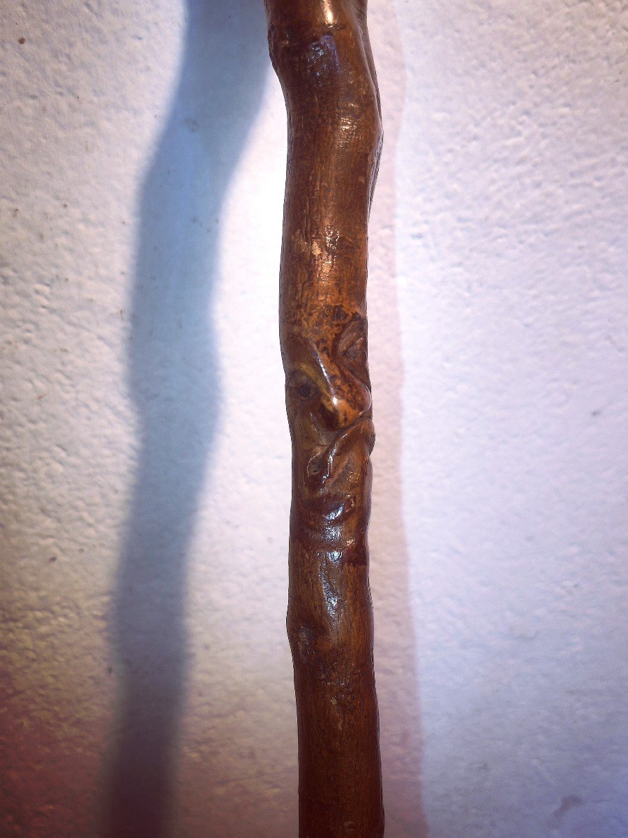 Pretty Carved Wooden Stick, Folk Art 1902, Faces And Grimaces, European -photo-3