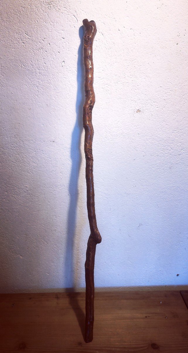 Pretty Carved Wooden Stick, Folk Art 1902, Faces And Grimaces, European 