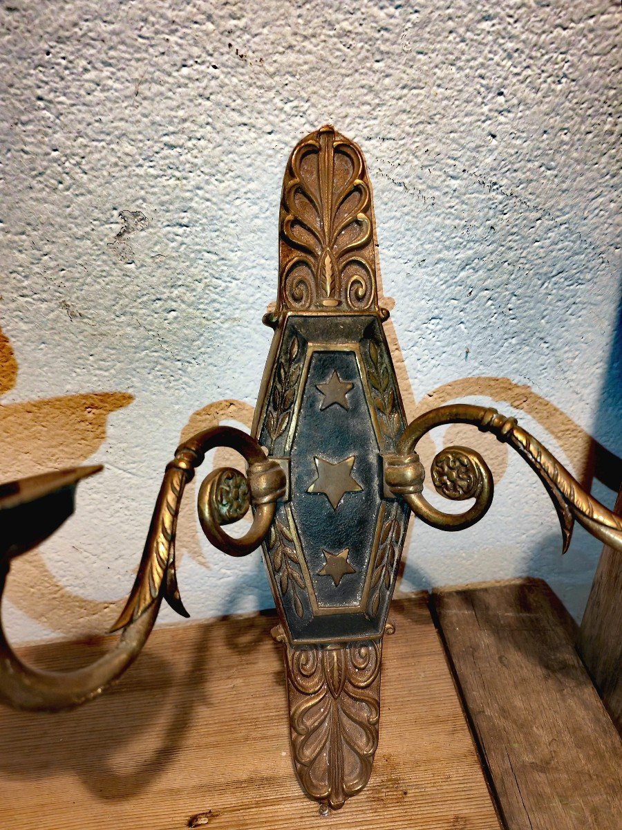 Pretty Pair Of Two-arm Bronze Sconces With Green And Gold Patina, Empire Style, 20th Century Period -photo-4