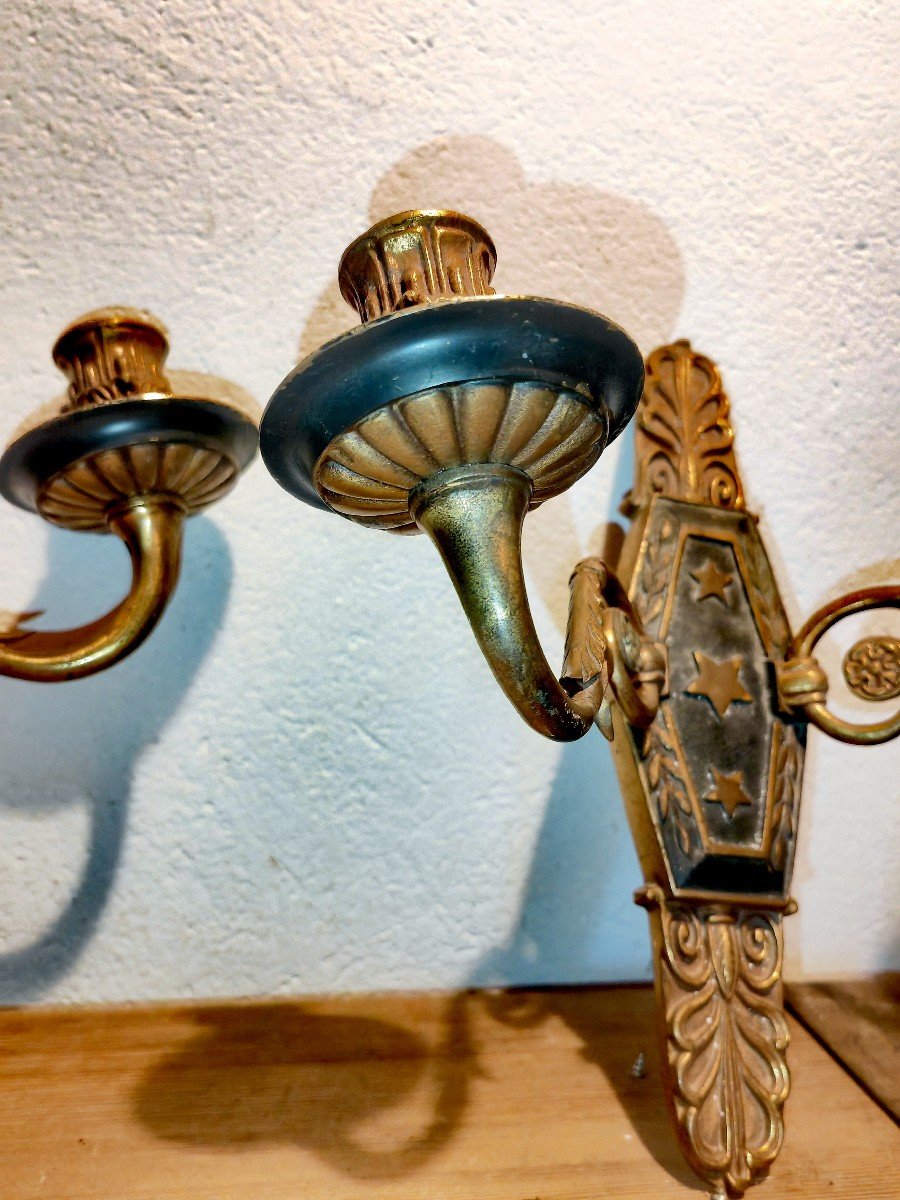 Pretty Pair Of Two-arm Bronze Sconces With Green And Gold Patina, Empire Style, 20th Century Period -photo-1