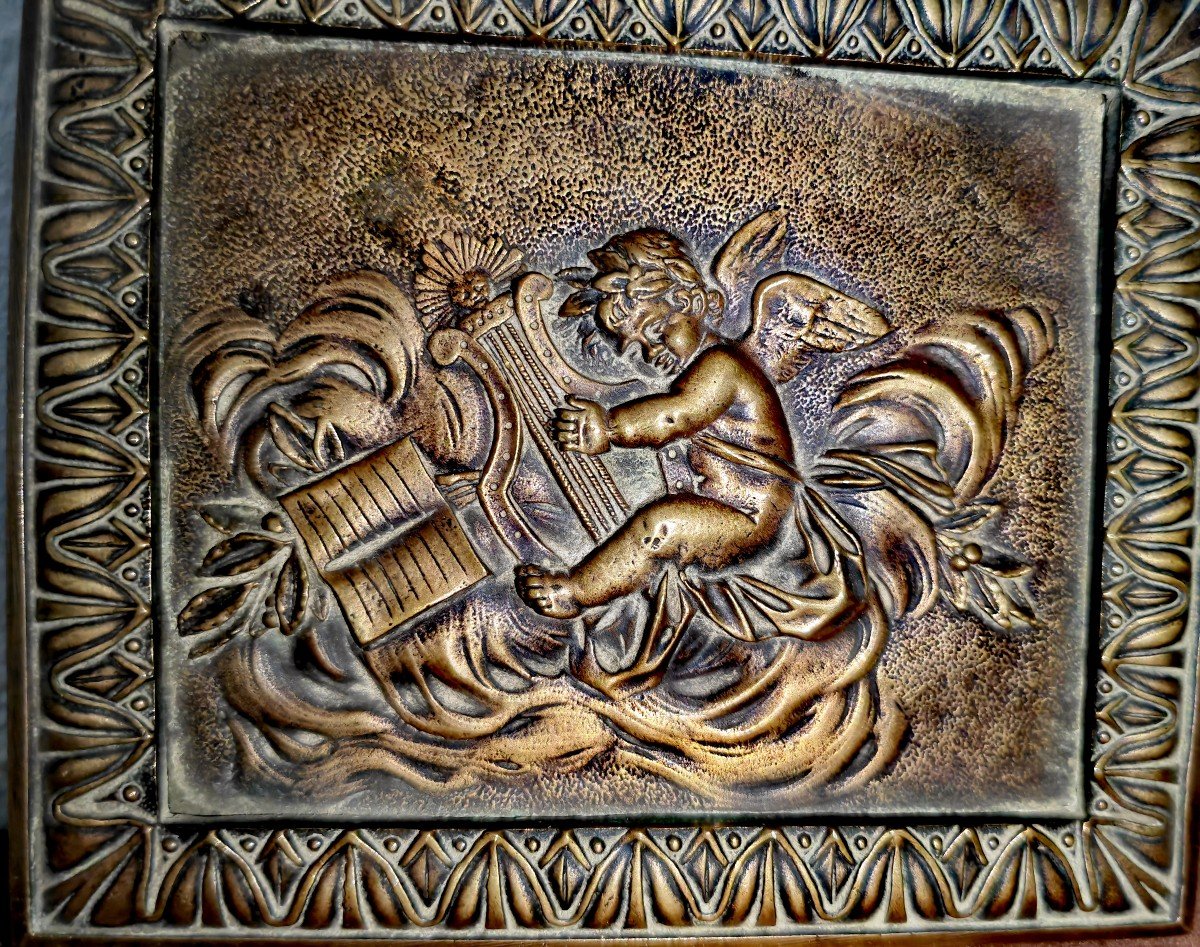 Very Pretty Small Bas Relief And Its Frame,bronze, Putti, Allegory Of Music, 19th Century -photo-3