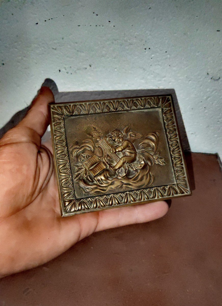 Very Pretty Small Bas Relief And Its Frame,bronze, Putti, Allegory Of Music, 19th Century -photo-1