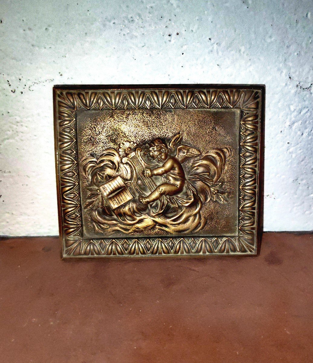 Very Pretty Small Bas Relief And Its Frame,bronze, Putti, Allegory Of Music, 19th Century 