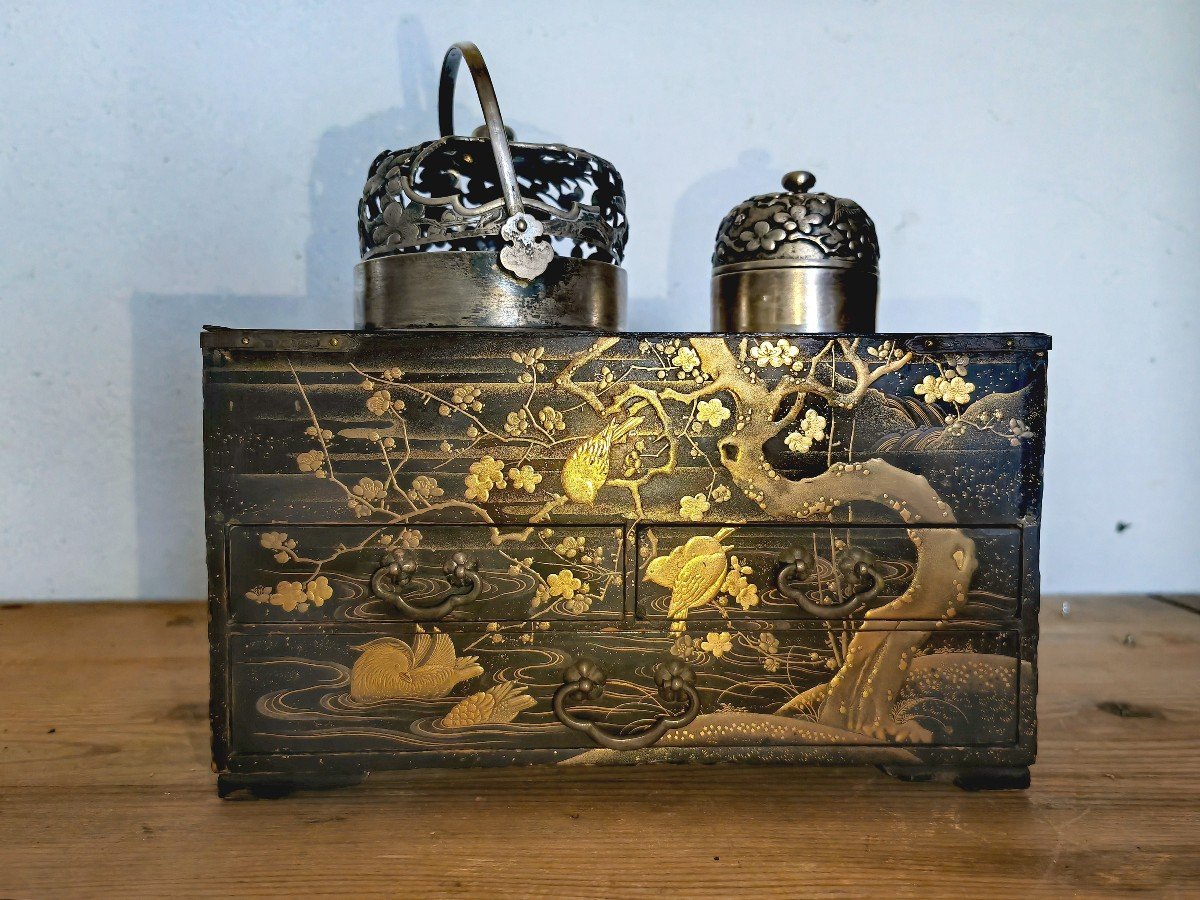 Tabako-bon, Nécessaire De Fumeur, Laque Nashi-ji, Hiramaki-e, Montures Métal Et Argent, Meiji 