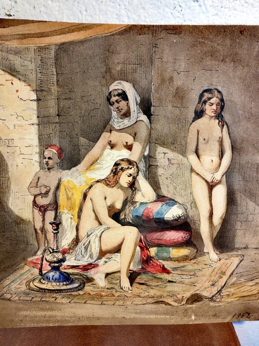 Beautiful French Orientalist Watercolor Drawing, Pleasure House, Signature E.s, Porto 1852-photo-3