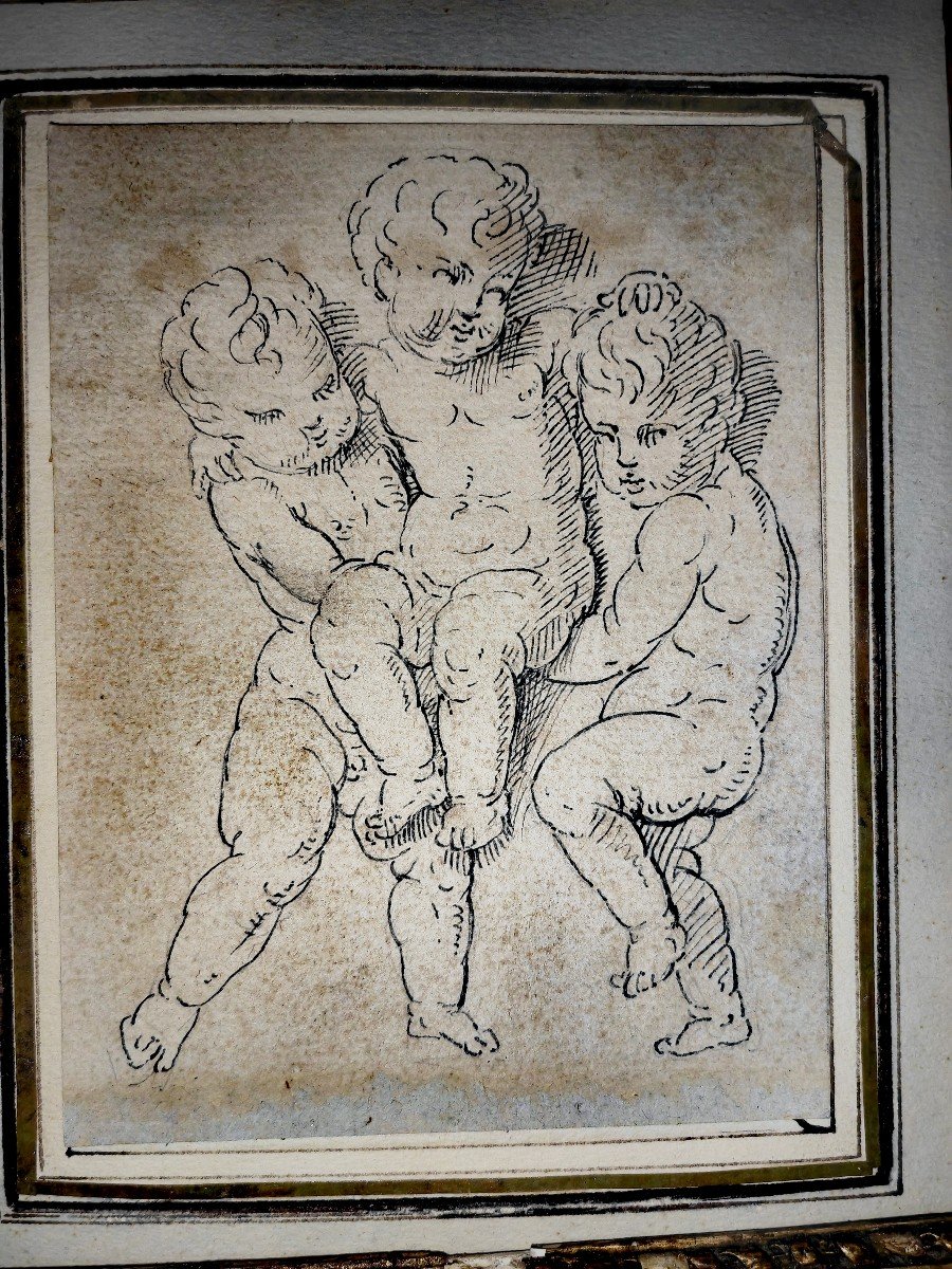 Beautiful Framed Drawing, 3 Children Or Putti, Pencil And Pen, Study On The Back, 18th Century -photo-2