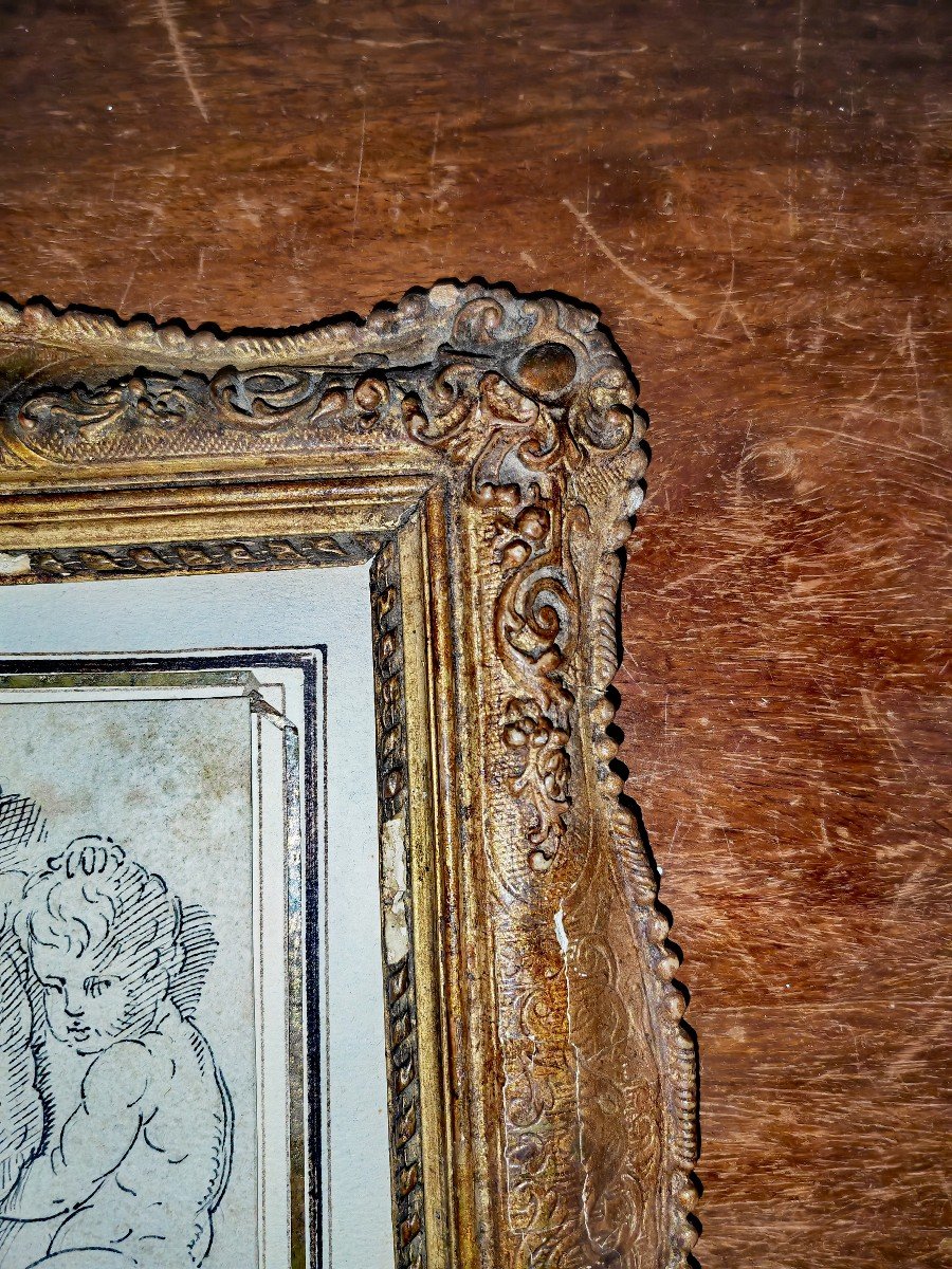 Beautiful Framed Drawing, 3 Children Or Putti, Pencil And Pen, Study On The Back, 18th Century -photo-3