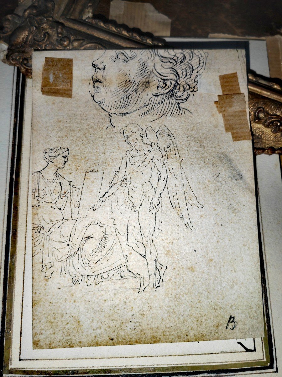 Beautiful Framed Drawing, 3 Children Or Putti, Pencil And Pen, Study On The Back, 18th Century -photo-1