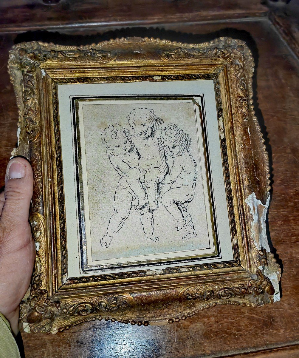 Beautiful Framed Drawing, 3 Children Or Putti, Pencil And Pen, Study On The Back, 18th Century -photo-3