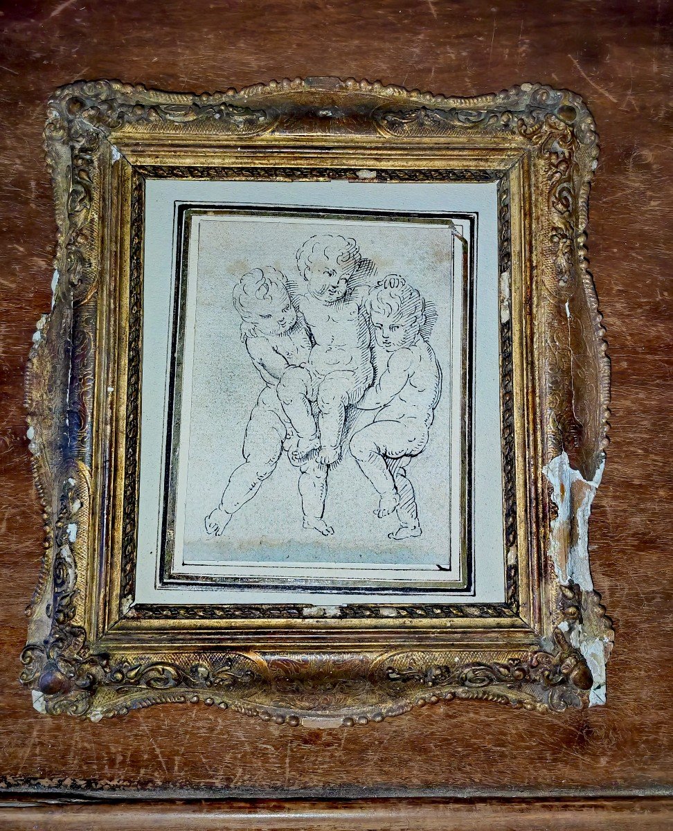 Beautiful Framed Drawing, 3 Children Or Putti, Pencil And Pen, Study On The Back, 18th Century 